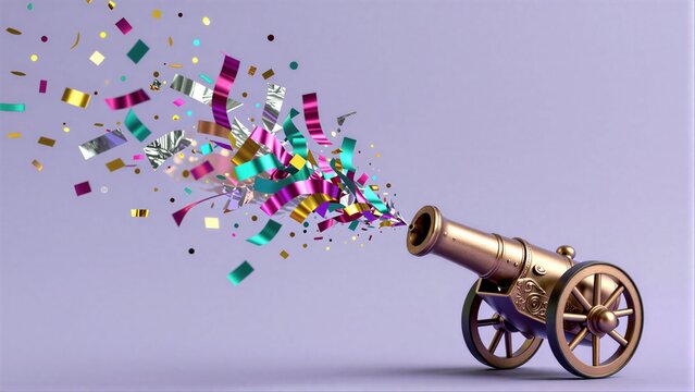 Cannon shoots vibrant confetti, celebrating joy and festivity against a soft purple backdrop.