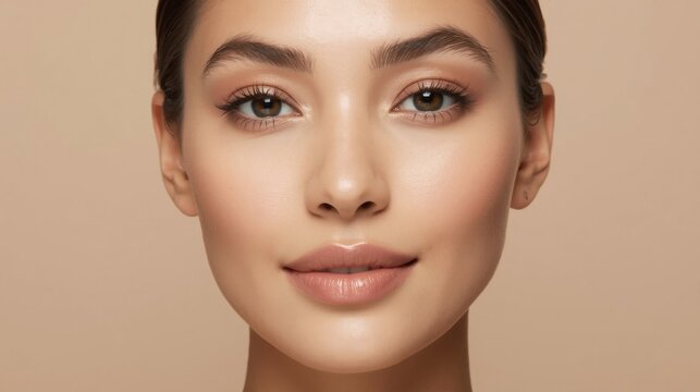 Mujer serena, subtono beige fr&iacute;o, textura impecable, mand&iacute;bula de &aacute;ngulos suaves, encanto delicado, maquillaje con polvos trasl&uacute;cidos