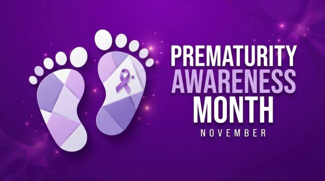 Prematurity Awareness Month illustration with baby footprints in purple background