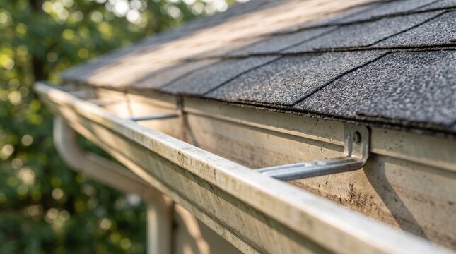 Close-up of Clean Rain Gutter Installed on House Roof Fascia