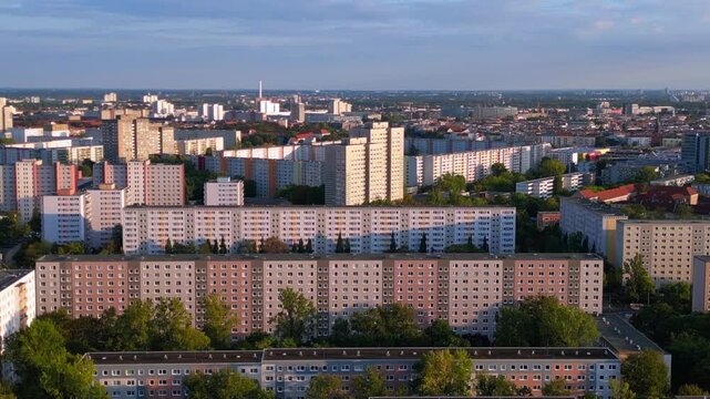 prefabrication buildings, berlin urban development. Smooth aerial view drone