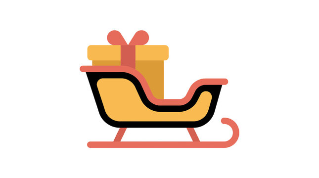 Flat vector icon of Santa Claus sleigh carrying a wrapped gift box, perfect for Christmas holiday designs