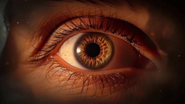 Macro Brown Eye Iris Pupil Eyelash With Golden Glowing Sparks, Dramatic Abstract Closeup