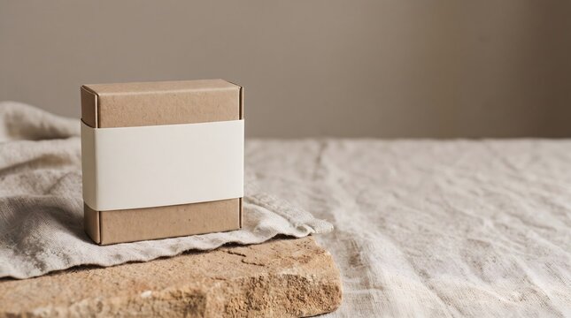 Kraft paper box packaging mockup for a shampoo bar with a white label wrap on a linen fabric and stone.