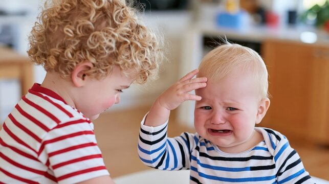 Two young siblings interact, with one child crying and the other observing.