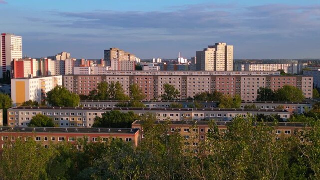 prefabrication buildings, berlin urban development. Magic aerial view drone