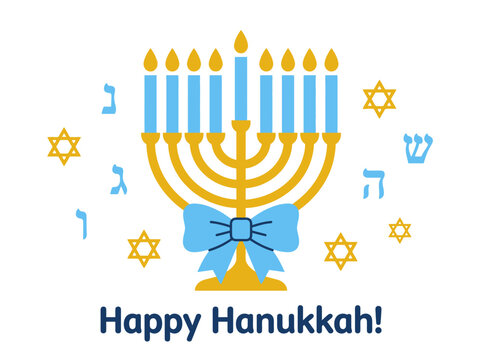 Happy Hanukkah Greeting Design with Golden Menorah, Blue Candles, Bow, and Jewish Symbols on White Background