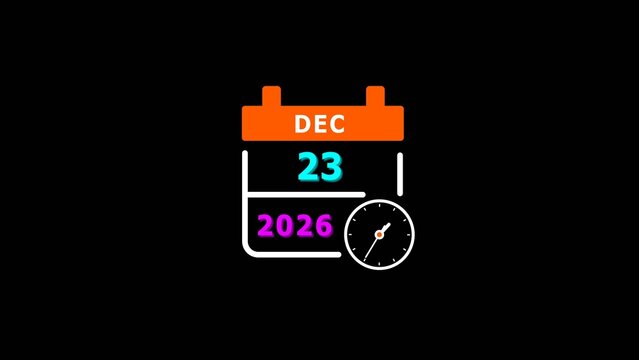Calendar showing december 23, 2026, with an integrated clock face, orange header, cyan day, and magenta year on a black background