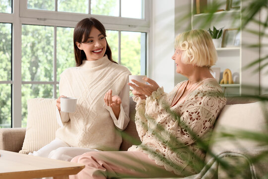 Intergenerational connection and family bonding, young woman and senior mother talking and drinking tea on a sofa in a bright living room interior