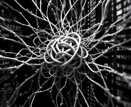 complex tangled neural network data wire cord bunch with digital background
