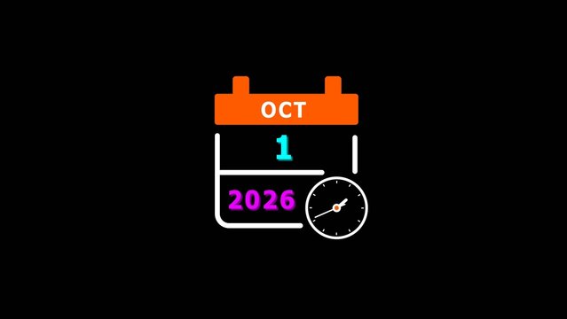 Orange calendar showing october 1st, 2026, with a white clock symbol on a black background, flat date