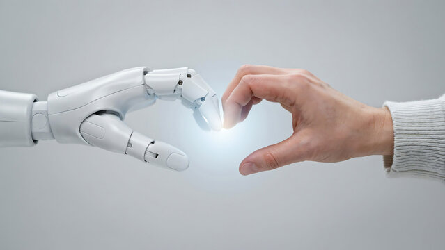 The fingers of a human hand and a white robotic hand almost touching, creating a glowing light effect between them on a plain light gray background