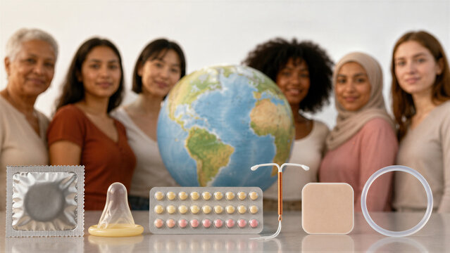 Women stand behind a globe beside contraceptive methods. A diverse group represents global reproductive choice. World Contraception Day promotes reproductive health education.