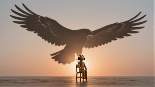 Tiny figure sits, headphones on, gazing at giant eagle shadow against sunset sky.