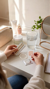 A woman compares birth control pills, a patch, and a condom at a home desk. Personal care items, water, and mirror create a private setting. Contraception aids reproductive health.