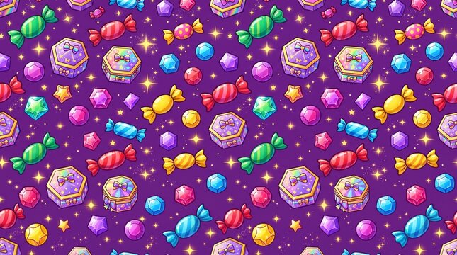 Seamless pattern of colorful candies and gift boxes on a purple