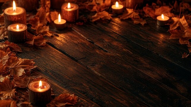 Moody Halloween Flat Lay with Lit Candles and Burnt Orange Leaves