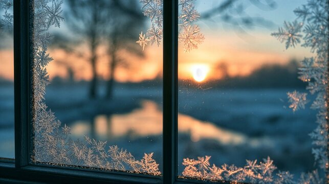 Frosted window glass with winter sunrise and Christmas atmosphere