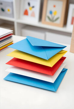 Communication and correspondence stack of colorful paper envelopes on a desk for business mail direct marketing and creative office organization
