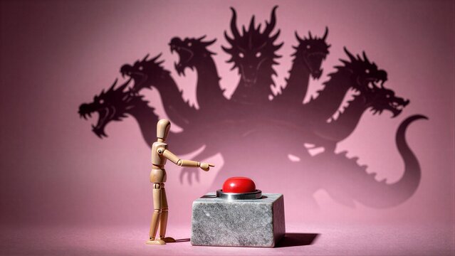 Wooden figure faces ominous dragon shadow, poised to press a red button.