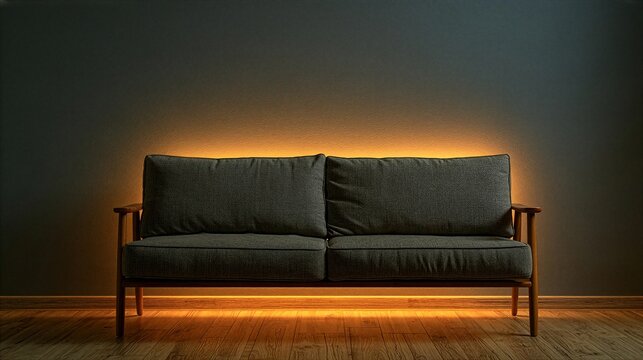 Modern sofa with sensory-friendly matte wall and ambient lighting