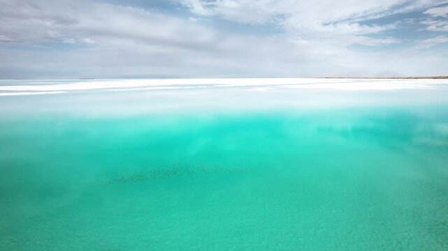 Turquoise Water Surface Over White Salt Flats Under Cloudy Sky in Salar de Uyuni, Bolivia