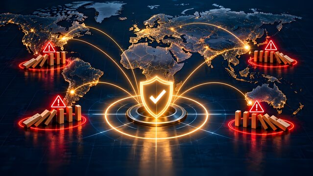 Global threat map network visualization with digital security shield stopping international domino cascade and cyber attacks