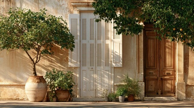 Summer Heat Protection Mediterranean Courtyard with Shutters and Plants