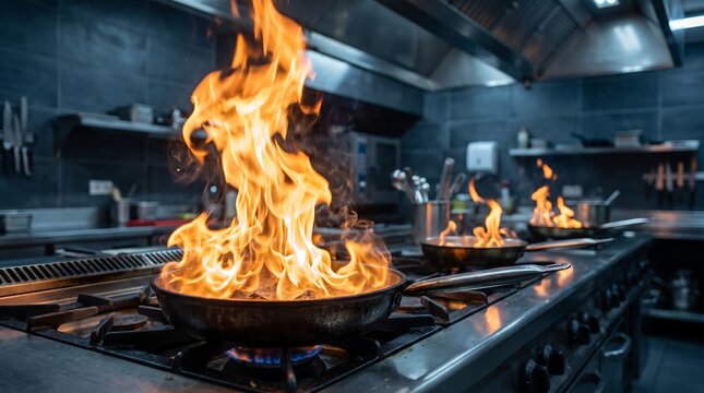 Professional Chef Working in Busy Commercial Restaurant Kitchen, Flamb&eacute; Cooking with Flames on Gas Stove, Culinary Career, Hospitality Industry Job and Food Service Concept