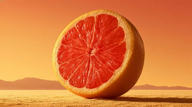 Giant grapefruit half in desert landscape for beverage campaign