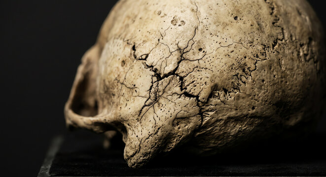 Ancient human skull macro, weathered bone texture, detailed cracks, dark background