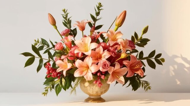 Floral Arrangement with Peach Lily, Rose Bouquet, Ornate Vase, Pink Flower and Lush Greenery