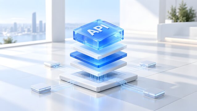 Glowing blue layered API cube on a white modern office floor connecting to digital nodes illustrating clean software architecture and seamless data integration