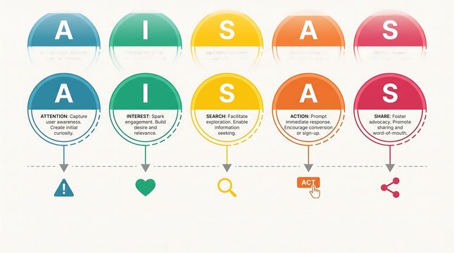AISAS Model Infographic: Digital Marketing Funnel Stages Attention Interest Search Action Share for Consumer Behavior Analysis and Strategy