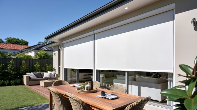 Outdoor patio blinds shading modern backyard entertaining area