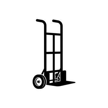 Black silhouette of a hand truck or delivery dolly on a white background. Isolated vector icon for logistics, moving, warehouse storage, shipping, and cargo transport