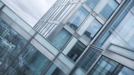Obraz premium Low angle view of a modern glass office building facade against a cloudy sky in the city