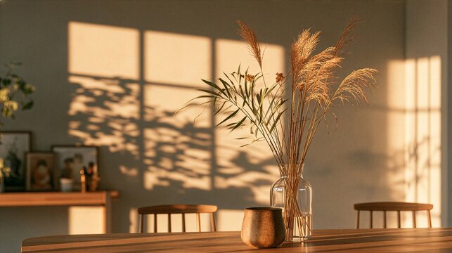 Warm afternoon light in minimalist home interior with dried flowers