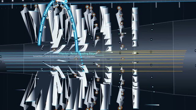 3D animated diagram of turbofan engine variable stator vane dynamics showing aerodynamic incidence realignment and continuous thermodynamic fluid cycle with technical text callouts