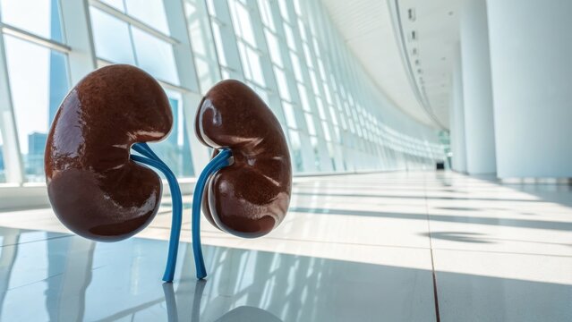 Realistic Human Kidney Anatomical Model with Blue Tubing in Modern Medical Facility