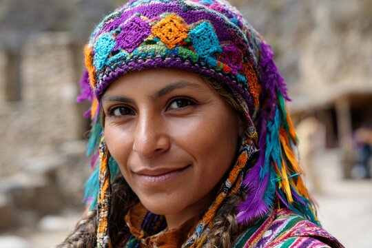 Indigenous woman with a vibrant headdress and traditional attire smiling