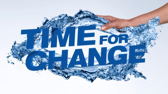 Hand holding water splash with time for change text