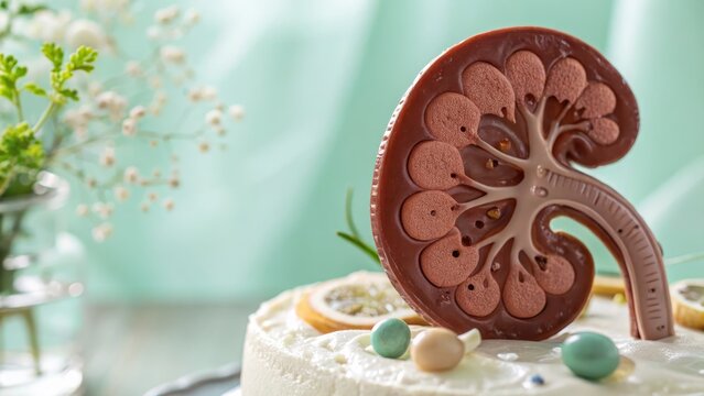 Realistic kidney-shaped dessert topping a creamy white cake with decorative candies