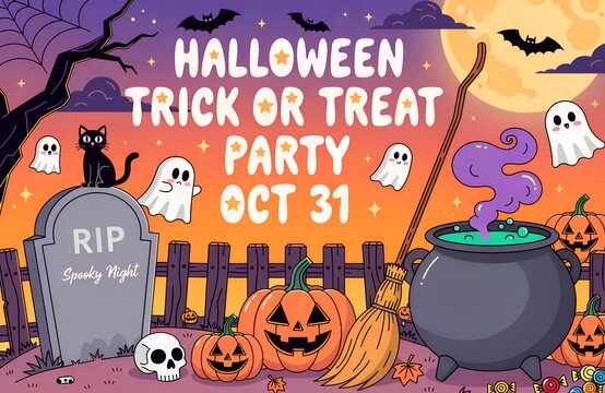 Halloween Party, Spooky Halloween Bash, Costume Halloween Party, Kids Halloween Celebration, Halloween Party Decor, vector background with a set of halloween icons for banners, cards, flyers, social