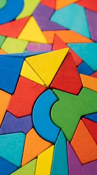 Colorful wooden geometric puzzle pieces interlocking in rainbow mosaic pattern close-up