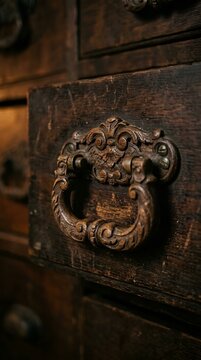 Carved wooden antique drawer pull handle with ornate scrollwork on dark aged wood cabinet