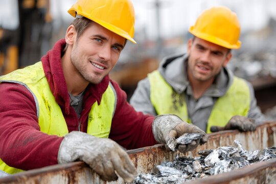 Construction workers recycling scrap metal on site