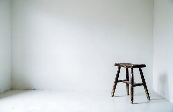 Old wooden stool in the corner of an empty white room with copy space
