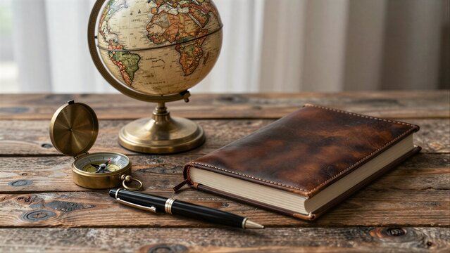 Vintage globe, compass, leather notebook and pen on rustic wooden table.