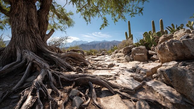sunbleached. Massive, exposed root system of a cactus sprawling over sun-bleached desert rocks. gardening catalogs, home-decor guides, designed for home decor and floral branding.